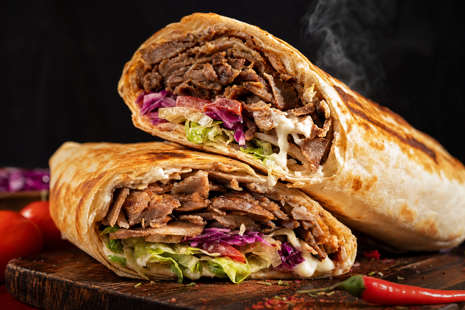 Frisch zubereiteter Döner Kebab mit Salat und Soße