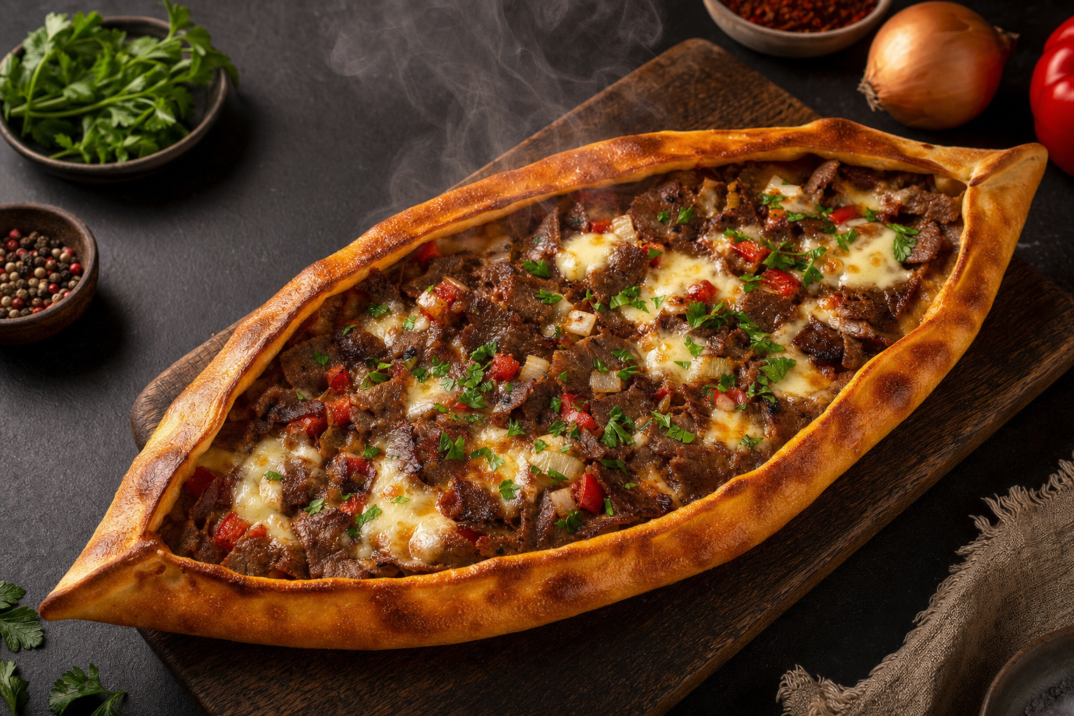 Frisch gebackene türkische Pide mit Dönerfleisch